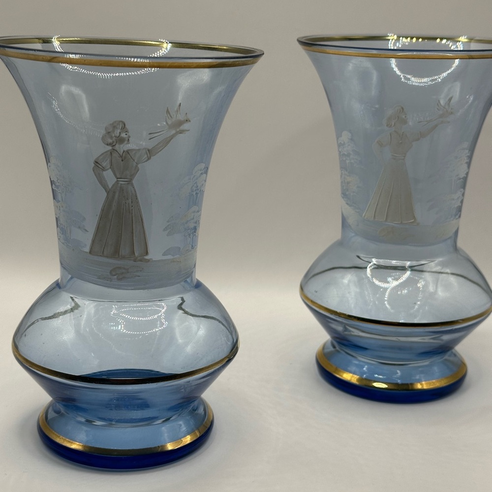 Lovely Blue Glass Vases with with Mary Gregory Style decor and Gold Trim